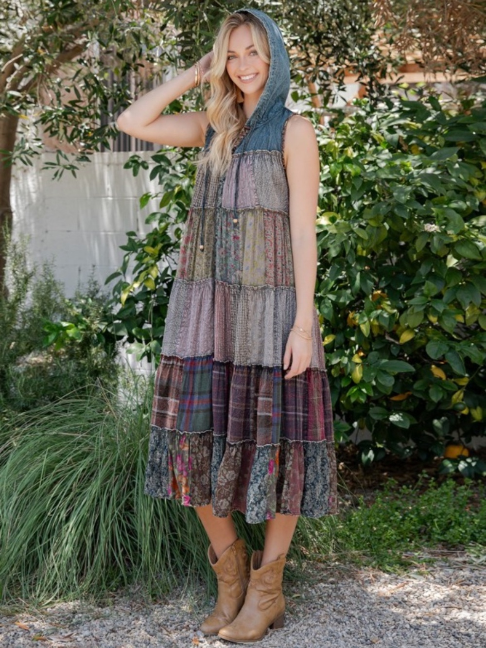 Young Threads Patchwork Denim Hooded Dress - Picture 3 of 4